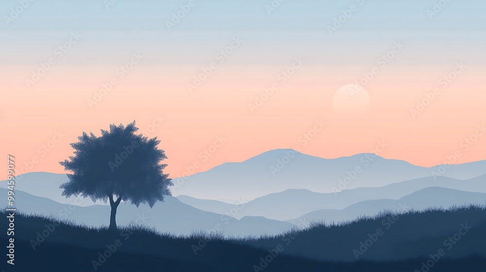 Lonely tree silhouette on a misty mountain landscape at sunset Lonely tree silhouette on a misty mountain landscape at sunset