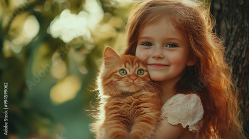 a pretty little girl with a red kitten