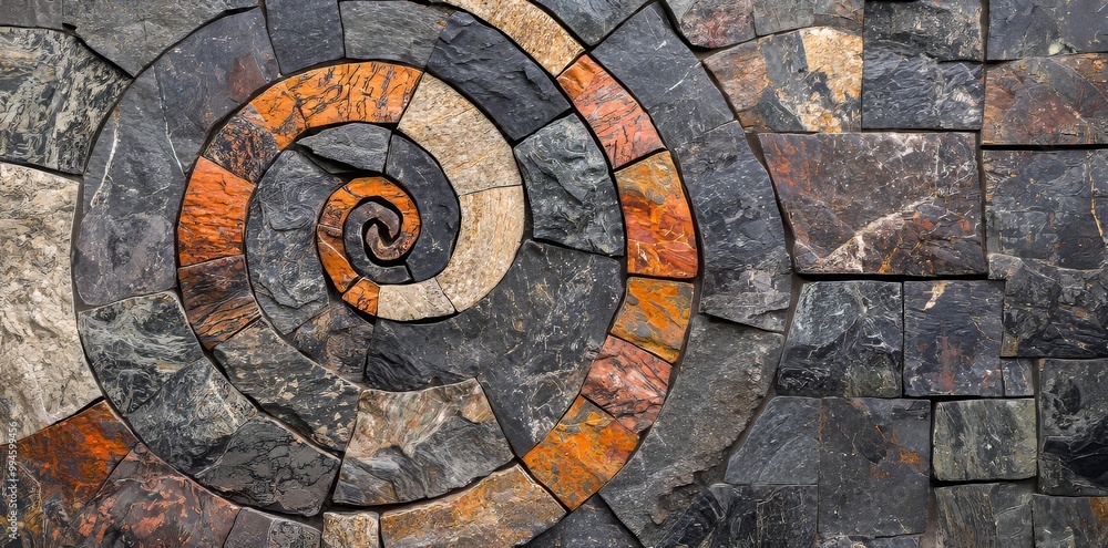 Beautiful stone mosaic with a spiral design. Earthy tones blend flawlessly to create a captivating artwork. This mosaic is perfect for home decor or artistic inspiration.