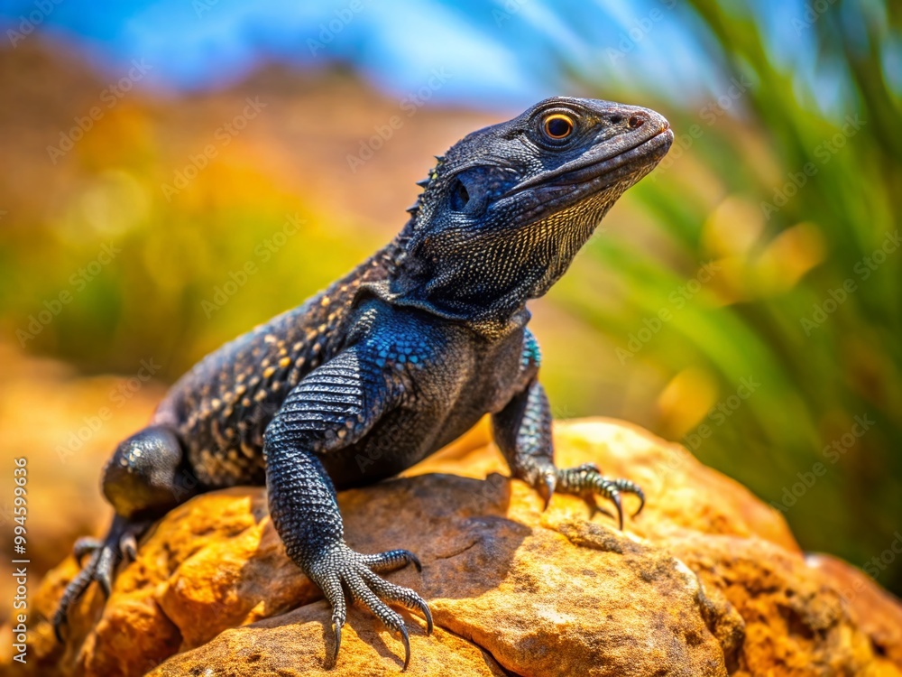 Fototapeta premium Vibrant Texas Black Lizard Sunbathing on a Rock in Natural Habitat with Desert Background