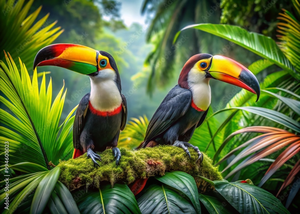 Fototapeta premium Vibrant Toucans Perched Among Tropical Leaves in Lush Rainforest Environment