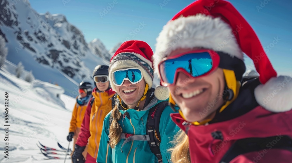 A group of friends in winter gear, some wearing Santa hats, smile for a photo in the snow. A festive winter activity. A group of friends in winter gear, some wearing Santa hats, smile for a photo in the snow. A festive winter activity.