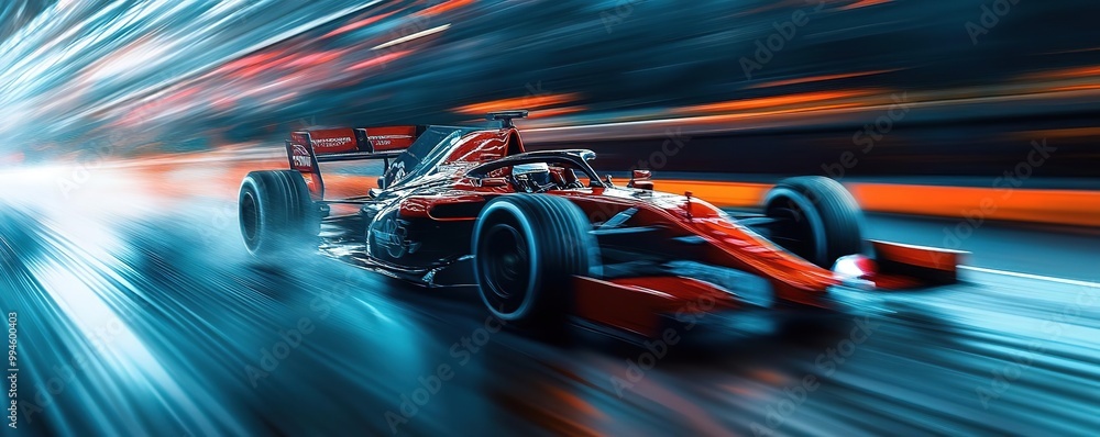 Dynamic race car in motion, showcasing speed and performance on a blurred background for an exhilarating effect. Dynamic race car in motion, showcasing speed and performance on a blurred background for an exhilarating effect.