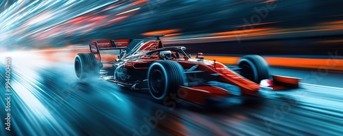 Dynamic race car in motion, showcasing speed and performance on a blurred background for an exhilarating effect.