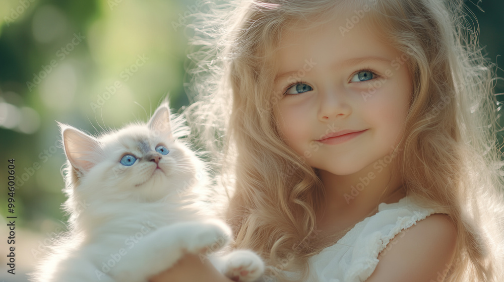 a little girl of 4 years old whith blonde hear is playing with white kitten in the garden near the river a little girl of 4 years old whith blonde hear is playing with white kitten in the garden near the river