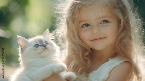 a little girl of 4 years old whith blonde hear is playing with white kitten in the garden near the river