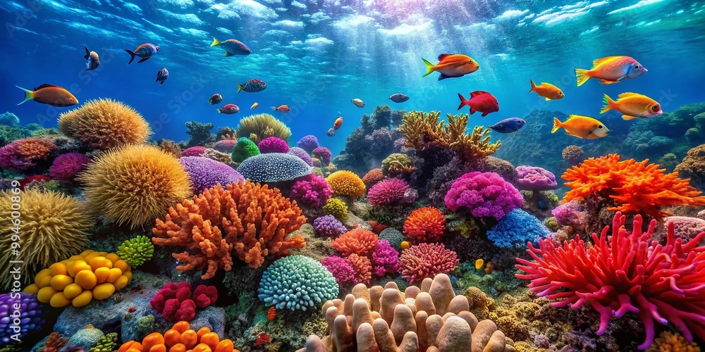 Fototapeta premium Vibrant Underwater Coral Reef Background with Colorful Marine Life and Clear Blue Ocean Water