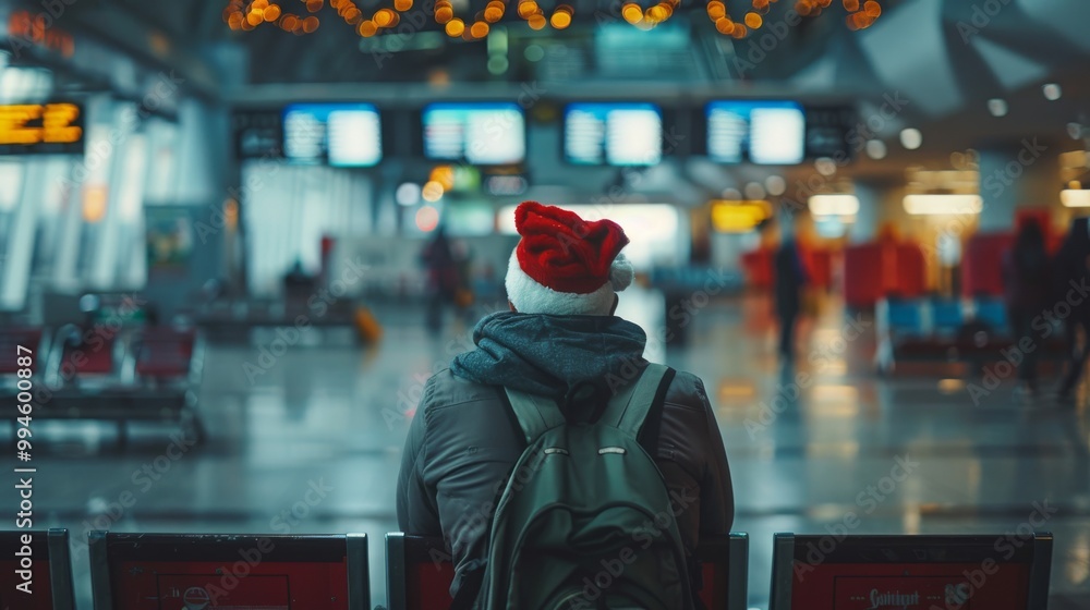 A young man wearing a Santa hat sits in an airport terminal, waiting for his flight. A young man wearing a Santa hat sits in an airport terminal, waiting for his flight.