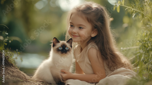 a little girl of 4 years old whith brown hear is playing with Siamese kitten in the forest near the river