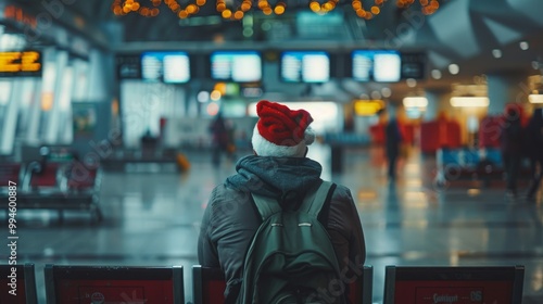 A young man wearing a Santa hat sits in an airport terminal, waiting for his flight.