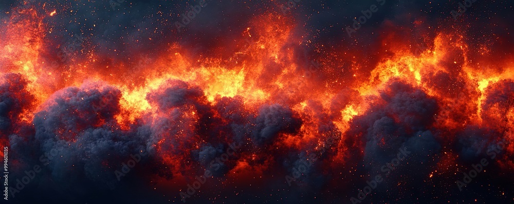 Vivid flames rise amid dark clouds, creating a dramatic contrast of fire and smoke in a mesmerizing visual display. Vivid flames rise amid dark clouds, creating a dramatic contrast of fire and smoke in a mesmerizing visual display.