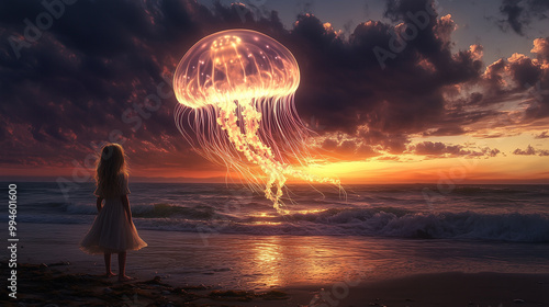 sunset over the ocean with giant jellyfish