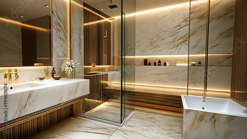 Luxurious modern bathroom with marble walls, glass shower, and soft ambient lighting, showcasing elegant interior design and contemporary architecture.

