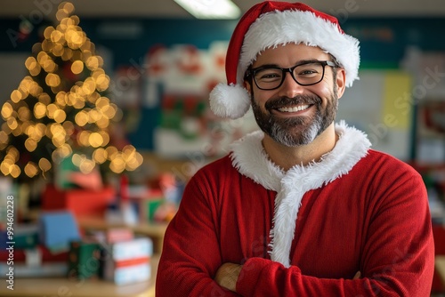 a male teacher wearing a full body Santa Claus costume standing at an elementary school classroom 