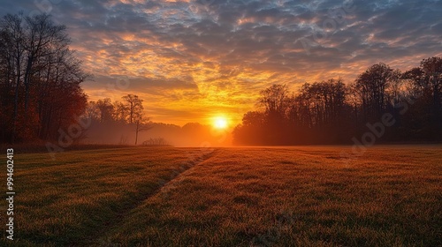 Breathtaking sunrise over a tranquil field, illuminating the sky with warm hues and casting soft light across the peaceful landscape.