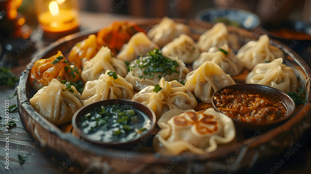 A platter of assorted dumplings with various fillings, captured using an ultra HD camera with a ring light for even illumination