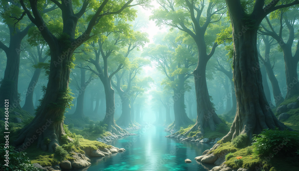 Glide through an ethereal forest where trees made of glass and crystal tower overhead Glide through an ethereal forest where trees made of glass and crystal tower overhead