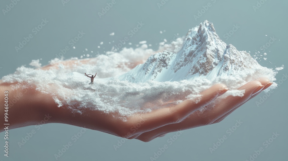 Travelling down her arm is someone snowboarding down a mountain looking Travelling down her arm is someone snowboarding down a mountain looking