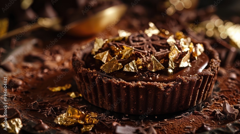 Intricate chocolate tart with gold leaf decorations. Intricate chocolate tart with gold leaf decorations.