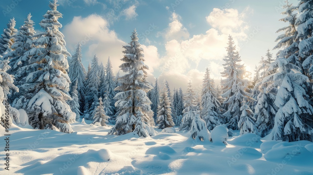 Obraz premium Snow-covered forest under a bright sky.