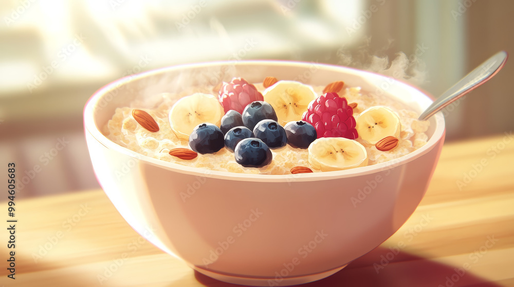 Visualize a cozy breakfast scene featuring a steaming bowl of oatmeal, topped with a colorful array of fresh fruits--slices of banana, juicy blueberries, and a sprinkle of crunchy nuts. Visualize a cozy breakfast scene featuring a steaming bowl of oatmeal, topped with a colorful array of fresh fruits--slices of banana, juicy blueberries, and a sprinkle of crunchy nuts.