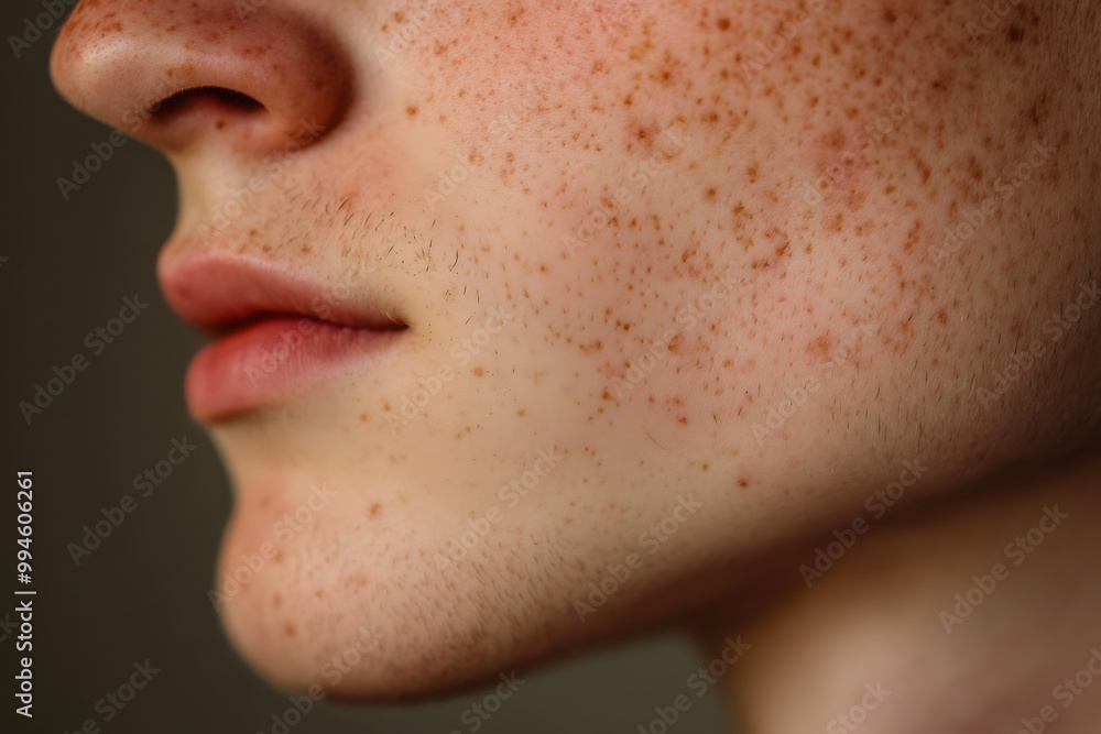 Obraz premium Close up of acne scars on a person's face. A reminder of the healing process and the journey to self acceptance.