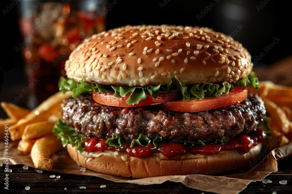 American cheese burger with fresh salad and french fries American cheese burger with fresh salad and french fries