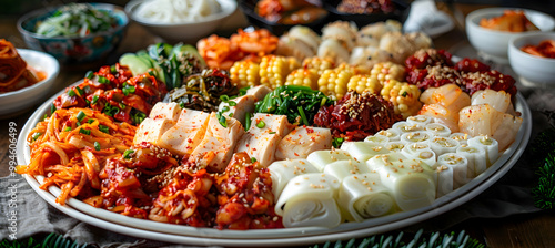 A platter of assorted kimchi varieties, captured using an ultra HD camera with a ring light for even illumination