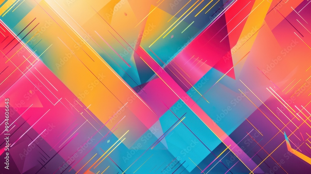 Obraz premium Bold geometric lines in vibrant colors, forming dynamic patterns with sharp angles on a soft gradient background, ideal for tech and futuristic designs