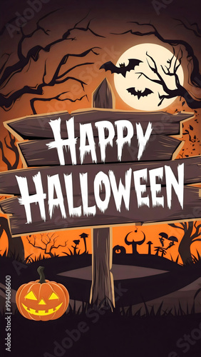 Enchanting Halloween illustration featuring a wooden sign with "Happy Halloween", glowing moon, lantern pumpkin, and a bat silhouette., against a dark orange sky background