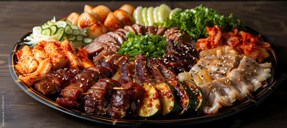 A platter of assorted Korean BBQ meats and vegetables, captured using an ultra HD camera with a ring light for even illumination A platter of assorted Korean BBQ meats and vegetables, captured using an ultra HD camera with a ring light for even illumination