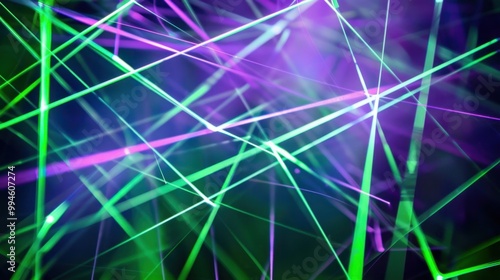 Bright green and purple laser lines crossing each other, forming a complex web of light on a dark background