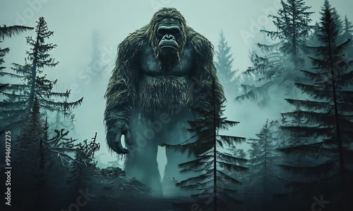 A towering, mythical creature stands amidst a misty forest.