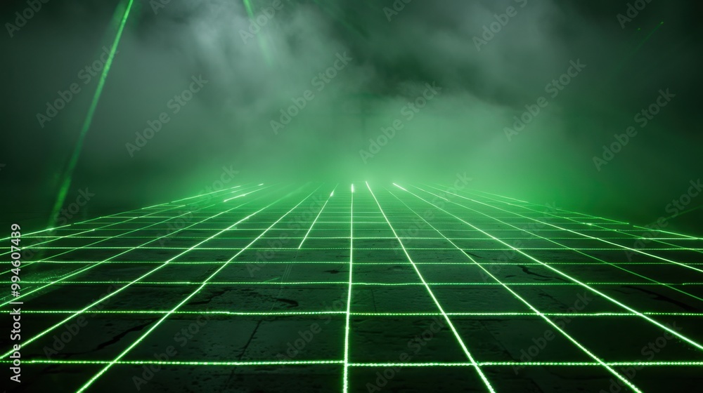 Bright green laser beams forming a grid pattern on a dark, foggy background, adding depth to the visual Bright green laser beams forming a grid pattern on a dark, foggy background, adding depth to the visual