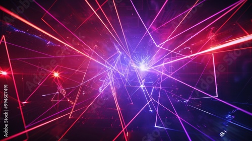 Bright laser beams forming geometric shapes on a dark background, glowing brightly in a high-tech aesthetic