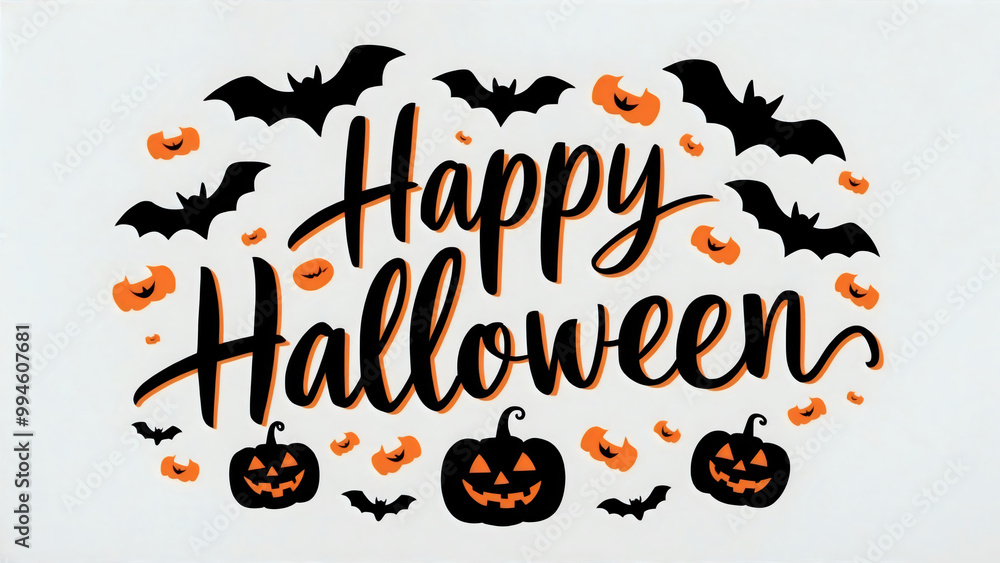 Happy Halloween text with bats and pumpkins on a beige background, featuring modern design and illustration art elements, handwritten calligraphy, holiday Illustration Happy Halloween text with bats and pumpkins on a beige background, featuring modern design and illustration art elements, handwritten calligraphy, holiday Illustration
