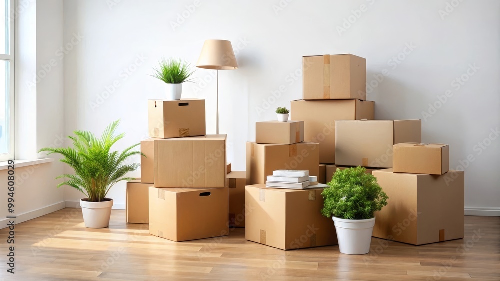 Many cardboard boxes and plants standing on hardwood floor in bright empty room with sunlight from window Many cardboard boxes and plants standing on hardwood floor in bright empty room with sunlight from window