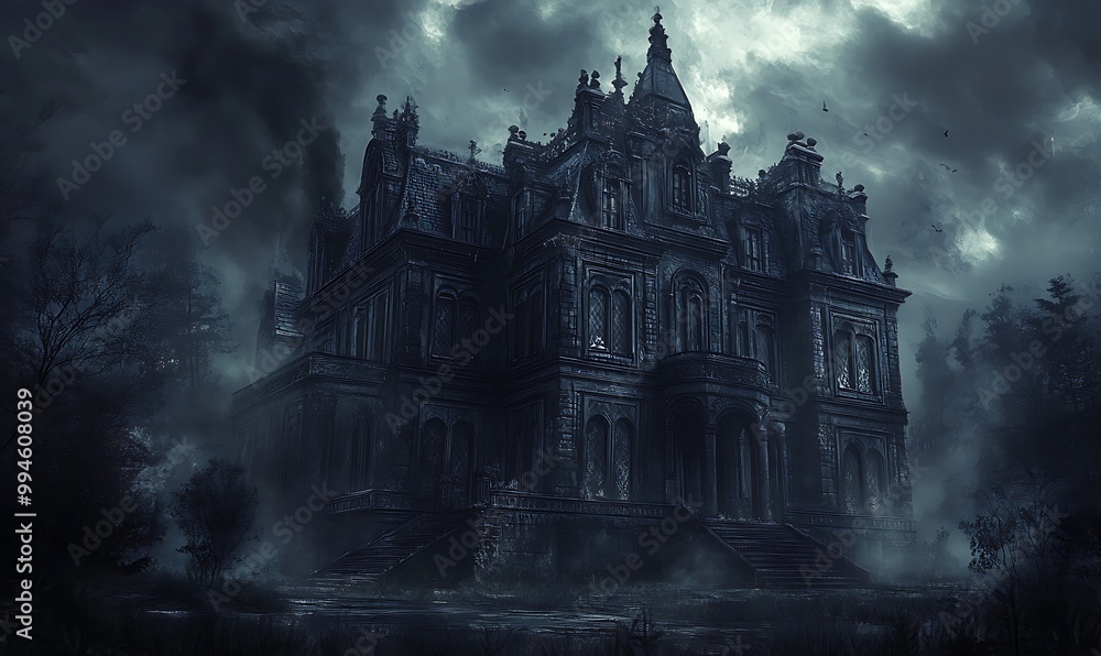 Mysterious old abandoned haunted house in the dark, Halloween concept Mysterious old abandoned haunted house in the dark, Halloween concept