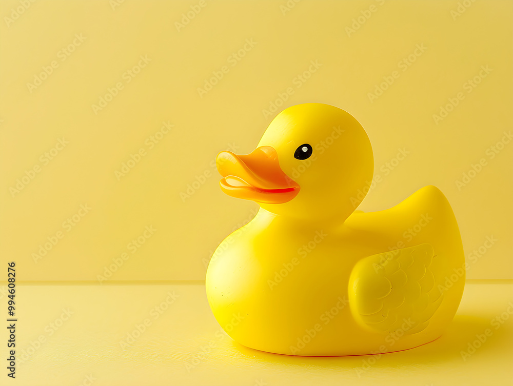 Vibrant yellow rubber duck sits on matching daffodil yellow surface, a cheerful and playful scene. Vibrant yellow rubber duck sits on matching daffodil yellow surface, a cheerful and playful scene.
