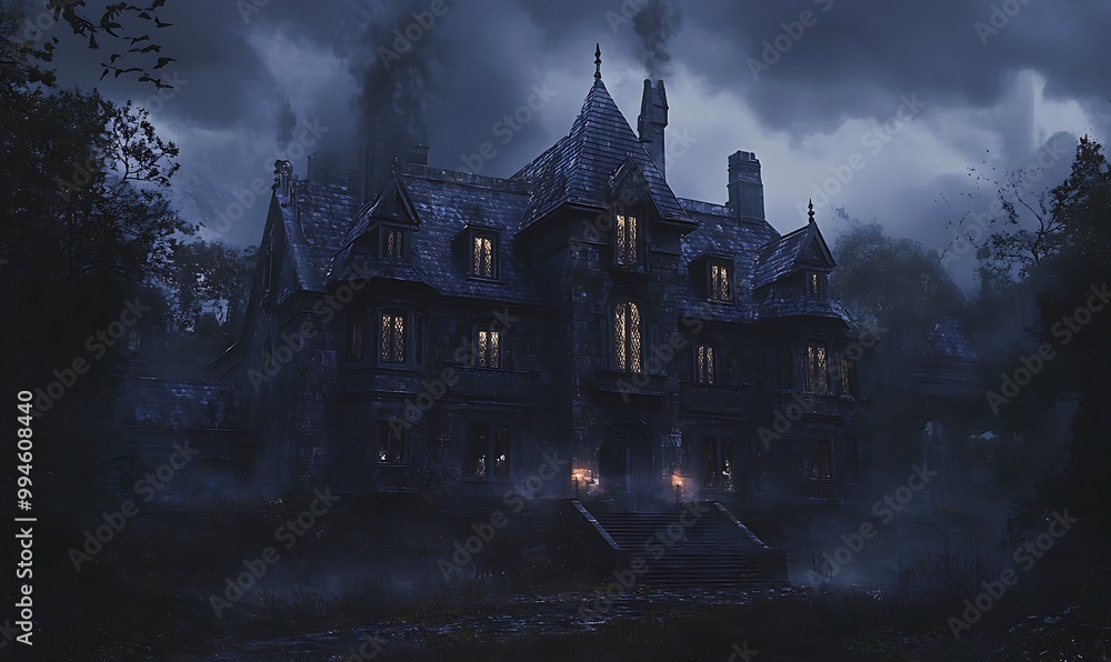 Obraz premium Spooky Haunted House in Foggy Night with Dark Windows and Chimney Smoke