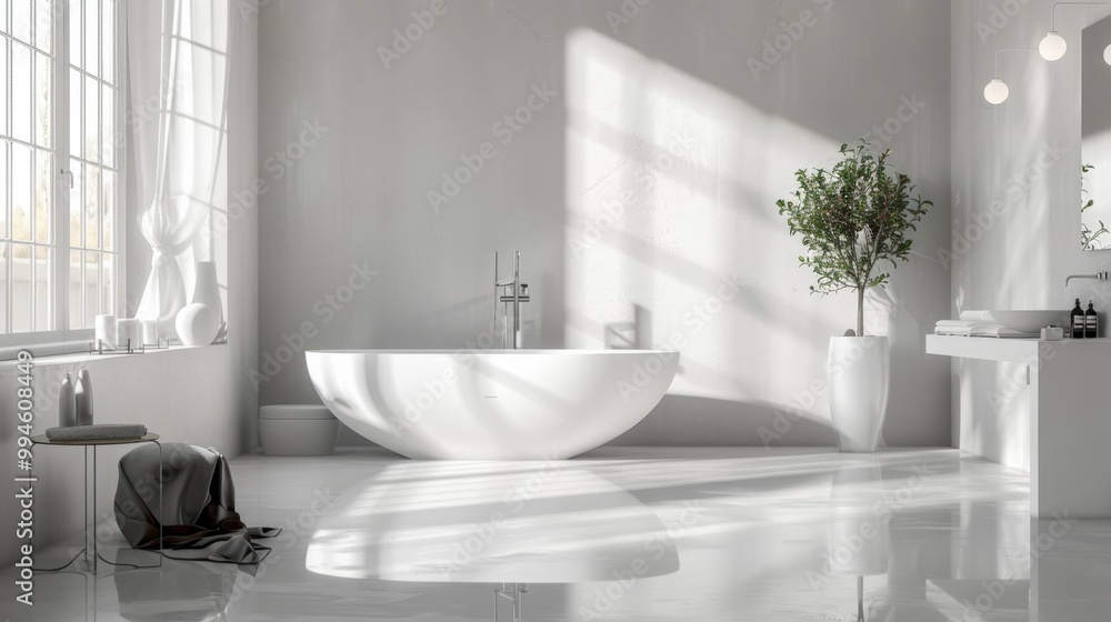 Contemporary bathroom design with a white background, featuring sleek fixtures and clean lines Contemporary bathroom design with a white background, featuring sleek fixtures and clean lines