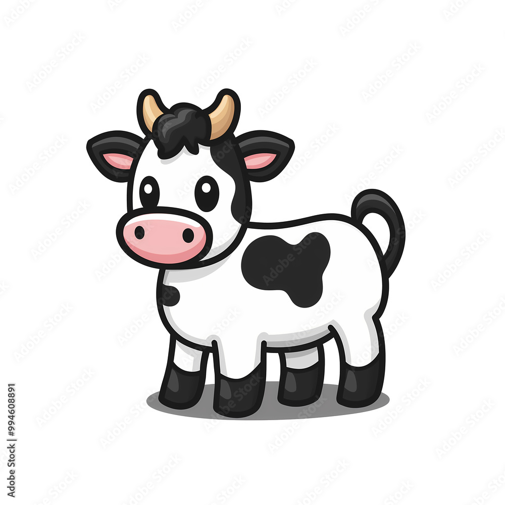 Cartoon simple black and white cow, a happy calf, cute and funny illustration for kids, on white, transparent, or no background Cartoon simple black and white cow, a happy calf, cute and funny illustration for kids, on white, transparent, or no background
