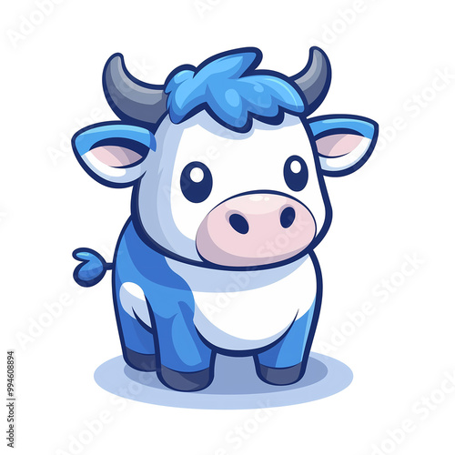 Cartoon blue  cow, happy calf, farm illustration, cute and funny illustration for kids,  on white, transparent, or no background