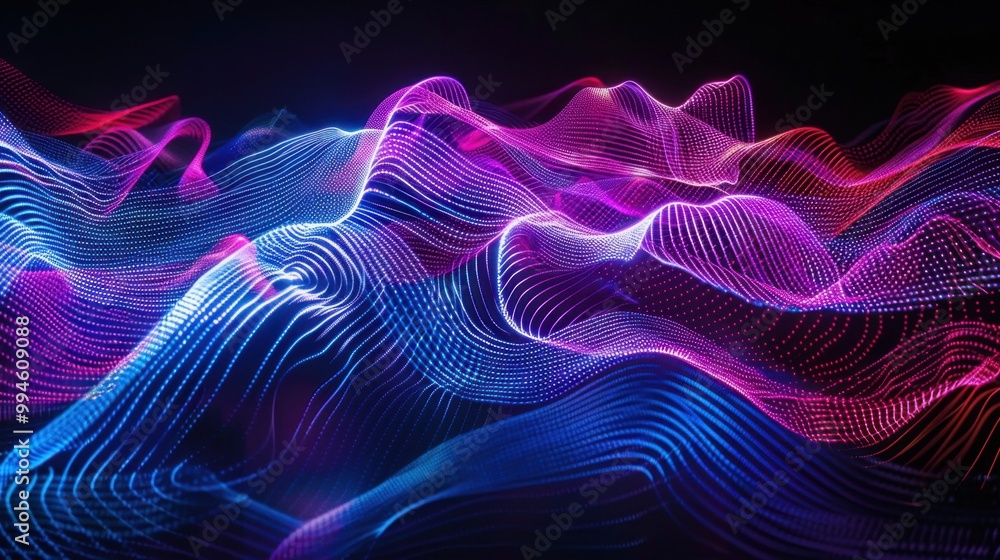 Fototapeta premium Curved laser light lines in neon hues, forming wave-like patterns on a deep black backdrop, evoking a sense of movement