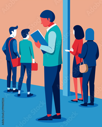 A person stands in front of a job fair poster clutching their resume as they nervously eye the line of people waiting to get in.. Vector illustration