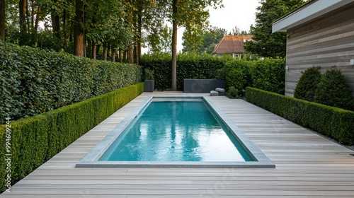 Wallpaper Mural Scandinavian-style pool area with light wooden decking, a minimalist lap pool, and neatly trimmed hedges Torontodigital.ca