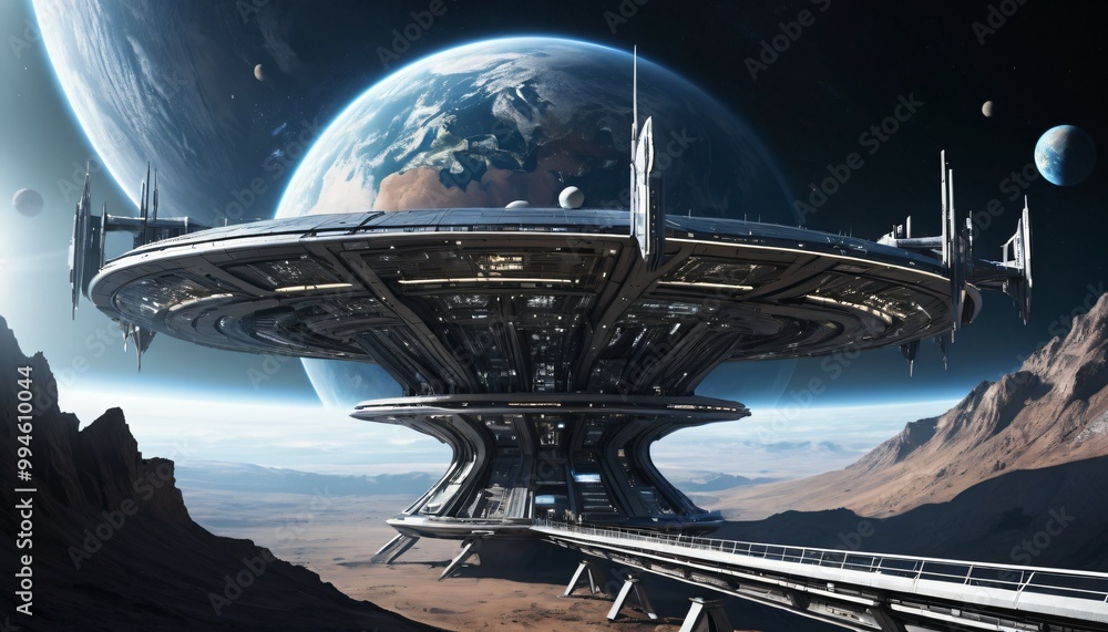 Futuristic Space Station Overlooking Earth for Sci-Fi Themes, Ai generated Images Futuristic Space Station Overlooking Earth for Sci-Fi Themes, Ai generated Images