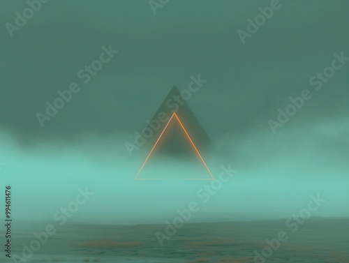 Mysterious, Radiant pyramid hovers above a misty landscape, creating a surreal and enigmatic scene blending art, design, and sci fi in a 3d digital world