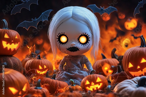 A spooky doll with white hair and stitched black lips, standing in a haunted pumpkin patch. Glowing jack-o'-lanterns and swirling spirits surround her as bats fly overhead, while the orange photo