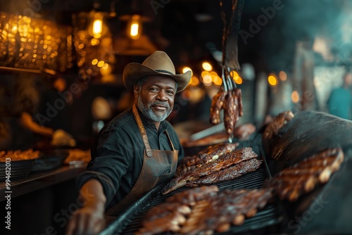 A skilled pitmaster tending to a vibrant barbecue joint in the heart of the city during a lively afternoon rush